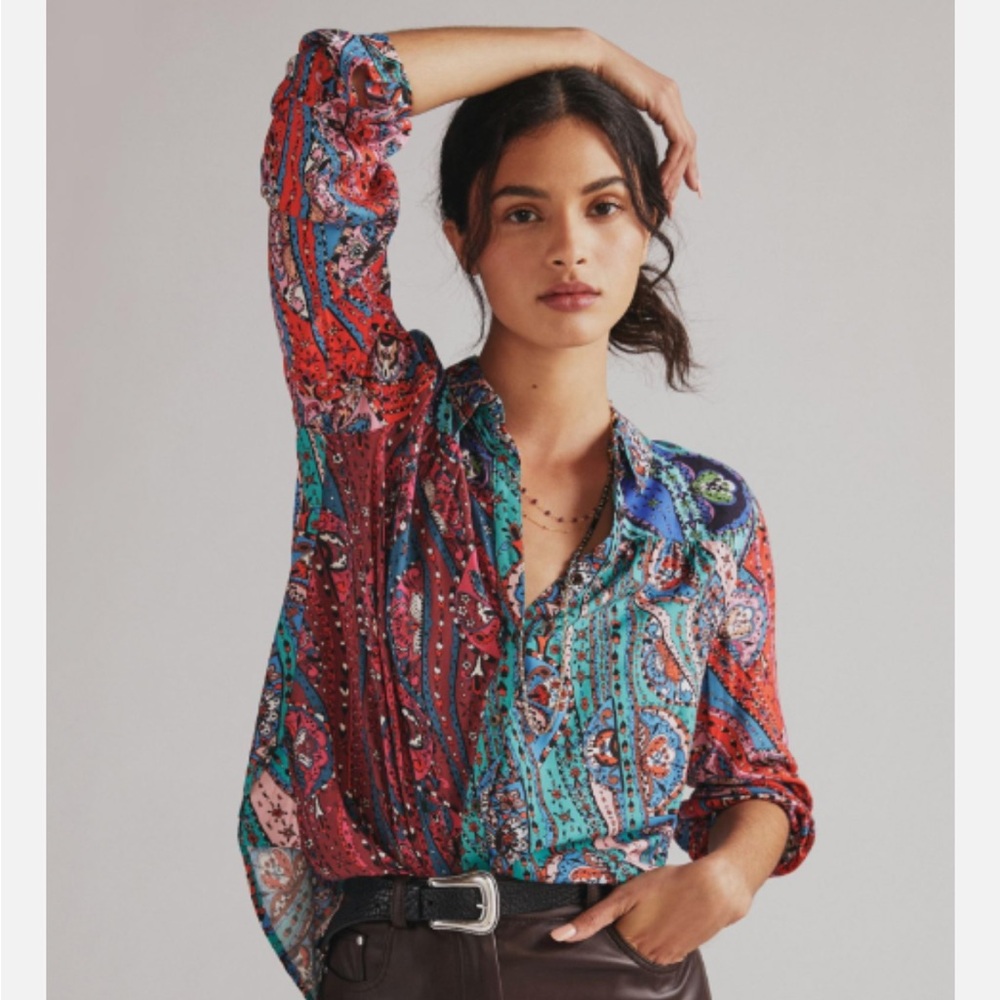 Anthropologie Maeve Red and Blue Graphic Button Down Shirt MP